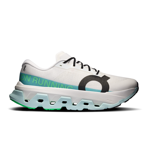 ON Cloudmonster 3 Hyper herresko i farven Ivory/Flurry har sorte snørebånd, et stort sort O-logo, blågrønne detaljer, udskæringer i sålen, maksimal støddæmpning og teksten »ON RUNNING« trykt på siden. Der vises et billede fra siden.