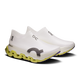 De nye On Cloudmonster 3 Hyper LS-sko i Limelight/Bloom har slip-on-design, Helion HF-hyperskum for komfort og dristige gule bølgesåler. Unisex-stil med karakteristisk OC-branding. Vises på en almindelig hvid baggrund.