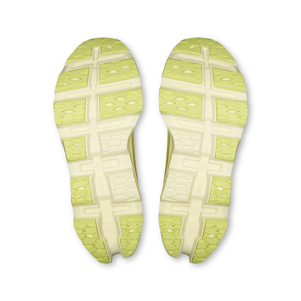 To gule og cremefarvede Cloudmonster 3 Dame Limelight/Seedling-såler fra On vises side om side og fremhæver en tekstureret slidbane med rektangulære og sekskantede mønstre samt CloudTec-dæmpning, der giver suverænt greb og fleksibilitet.