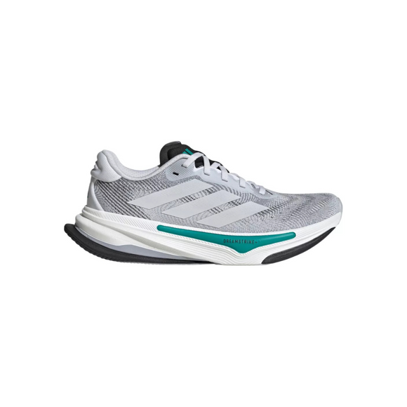 Adidas Supernova Prima 2 løbesko til kvinder har en grå og hvid mesh-overdel med turkise detaljer, hvide snørebånd, tyk polstret sål med sort/hvidt mønster og tre hvide striber på siden.
