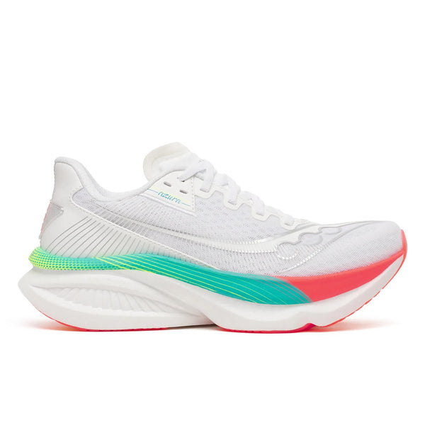 Saucony Endorphin Azura, Dame, hvid/multifarvet løbesko til kvinder har en overdel med struktur, en stødabsorberende sål af PWRRUN PB-skum med detaljer i blågrøn, neongrøn og koral samt snørebånd. Vist i sideprofil på hvid baggrund.