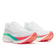 Et par Saucony Endorphin Azura Dame-sneakers i farvekombinationen hvid/multi, med detaljer i blågrøn og lyserød samt en tyk sål med gule mønsterdetaljer, fremstillet af PWRRUN PB-skum. Skoene vises her fra både siden og forfra.