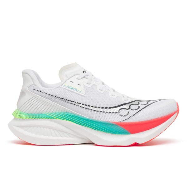 Saucony Endorphin Azura, Herre, Hvid/Multi har en overdel i mesh og en tyk, formstøbt sål med PWRRUN PB-støddæmpning; her ses modellen set fra siden i hvid. Farveindslagene omfatter sort, blågrøn, limegrøn og lys koral.