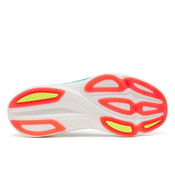 Billedet viser sålen på Saucony Endorphin Azura, Herre, hvid/multifarvet med detaljer i neongul og lys koral på mønsteret, hvilket fremhæver den avancerede PWRRUN PB-støddæmpning på en ensfarvet baggrund.