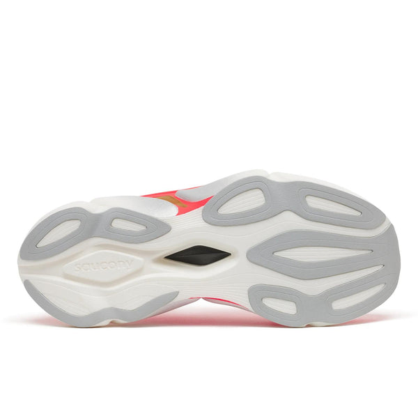 Billedet viser ydersålen på Saucony Endorphin Elite 3, Unisex, Vizired-løbeskoen. Den overvejende hvide sål suppleres af grå gummidel for optimal greb og en lille sort detalje i midten. Skoen er udviklet som en konkurrencesko og har buede og ovale riller i mønsteret for at forbedre grebet og levere top præstationer på løbsdagen.