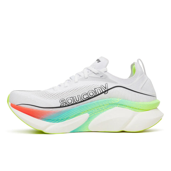 Saucony Endorphin Elite 3, unisex, hvid/multifarvet, har en markant sål med neongrønne, blå og røde detaljer samt Saucony-logoet – perfekt som din næste konkurrencesko.
