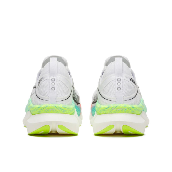 Bagfra-billede af Saucony Endorphin Elite 3 Unisex-løbesko i farvekombinationen White/Multi med lysegrønne, neongule og blå detaljer på hælen og sålen, vist på en hvid baggrund.
