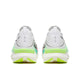 Bagfra-billede af Saucony Endorphin Elite 3 Unisex-løbesko i farvekombinationen White/Multi med lysegrønne, neongule og blå detaljer på hælen og sålen, vist på en hvid baggrund.