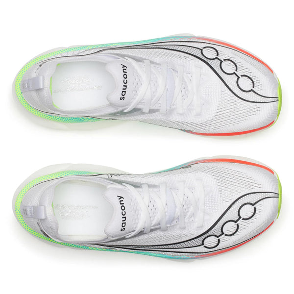 Oversigtsbillede af Saucony Endorphin Elite 3 unisex-sko i farvekombinationen hvid/multi, med sorte logoer, detaljer i neongrøn og orange, hvide snørebånd og en overdel i åndbart mesh.