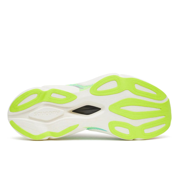 Billedet viser sålen på Saucony Endorphin Elite 3, Unisex, hvid/multifarvet, med en hvid base og lysegrønne detaljer på mønsteret. Dens konkurrencesko-ydersål har bølgede riller og et lille sort område ved mellemfoden.