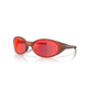 Oakley Eye Jacket Redux-solbriller i Fire Orange med Prizm Trail Torch-glas vises på en hvid baggrund med en oval form inspireret af det oprindelige design og en let refleksion nedenunder.