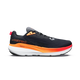 En sort løbesko til mænd – Altra FWD Via 2 i farvekombinationen Black/Orange Pop/Coral – fremhæver livlige orange, gule og røde detaljer, med Altra-logoet på siden. Denne maksimalistiske træningssko har en tyk hvid sål med den responsiv Altra EGO P35-mellemsål og et slidstærkt sort mønster, mens en lille rød trækflap pryder hælen.