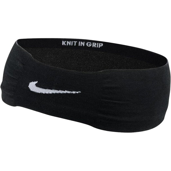 Sort Nike Flex-pandebånd med et hvidt Swoosh-logo og teksten KNIT IN GRIP trykt på den indvendige kant.