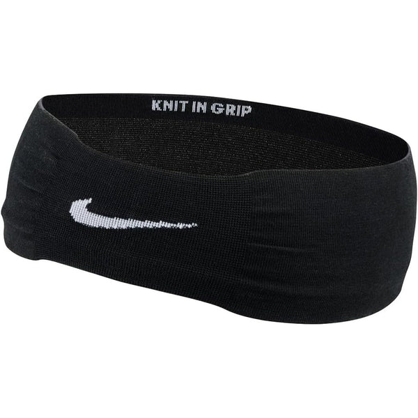 Sort Nike Flex-pandebånd med et hvidt Swoosh-logo og teksten KNIT IN GRIP trykt på den indvendige kant.