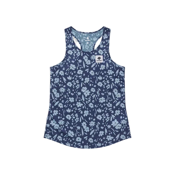 Saysky Flower Combat Singlet, Dame, Blue Flower er en marineblå top uden ærmer med et lyseblåt blomsterprint, racerback-design og et lille hvidt bladlogo på brystet - perfekt til stilfuld performance.