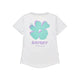 Flower Combat T-Shirt, Dame, White fra Saysky er en hvid kortærmet t-shirt til kvinder med en stor blågrøn blomstergrafik og lilla SAYSKY COPENHAGEN-print på ryggen.