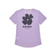 SAYSKY Flower Flow T-Shirt til damer i lilla med korte ærmer, åndbart materiale, stor sort blomstergrafik og "SAYSKY COPENHAGEN" printet på ryggen.