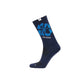 Saysky Flower Combat Socks 200, Unisex, Blue Aop, har et mørkeblåt design med lyseblå blomstergrafik og SAYSKY-branding. Disse træningsstrømper er lavet af åndbart materiale og vises på en almindelig hvid baggrund.