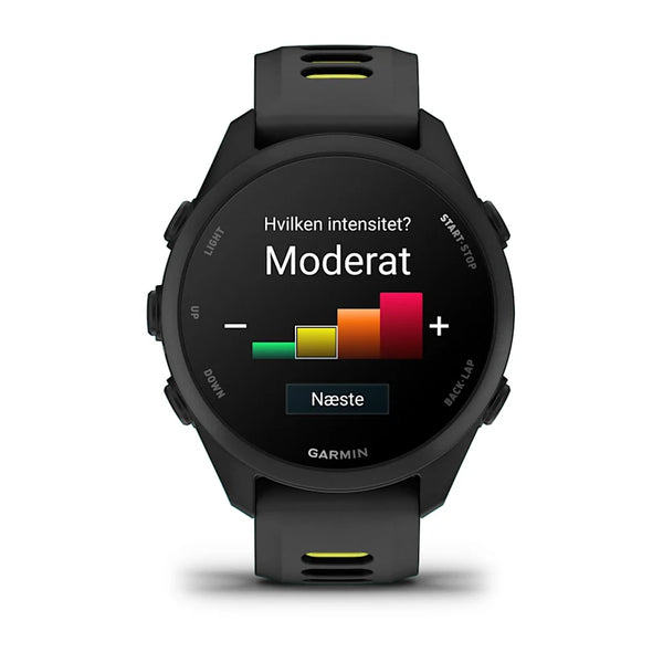 En Garmin Forerunner 170 Music GPS løbeur (Black Black/Amp Yellow) med indbygget musiklagring viser en skærm med teksten "Hvilken intensitet? Moderat", et søjlediagram, minus/plus-knapper og en "Næste" knap nederst.