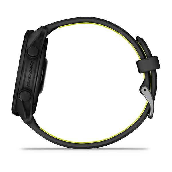 Et sidebillede af Garmin Forerunner 170 Music i Black Black/Amp Yellow, der fremhæver kassens tykkelse, det sorte spænde og den sløjfede rem - ideelt som GPS-løbebånd med indbygget musiklagring.