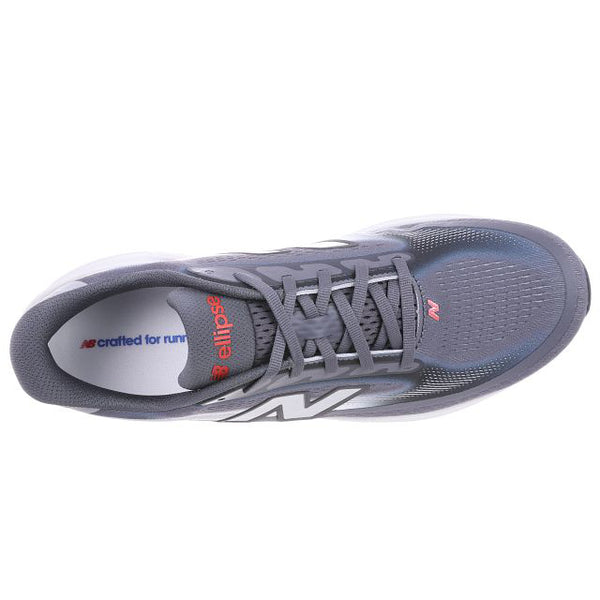 Et billede af New Balance Freshfoam Ellipse, Herre, Magnet oppefra viser overdelen i mesh, grå snørebånd og "crafted for run" med ellipse-tekst på den hvide indersål - designet til maksimal komfort løb.
