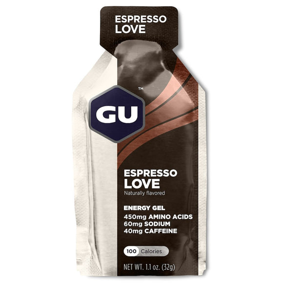 En GU Energy Gel, Espresso Love fra GU Energy, indeholder 100 kalorier, 450 mg aminosyrer, 60 mg natrium og 40 mg koffein. Den overvejende hvide pakke med brune detaljer og en afrivbar top har en nettovægt på 32 g (1,1 oz).