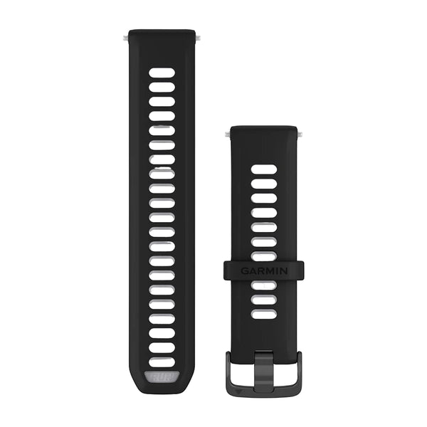 To sorte Forerunner 22 mm urremme fra Garmin, unisex i Black/Translucent Whitestone, vises side om side. Det ene bånd har et spænde og "GARMIN" på metalspændet, som begge er designet til Garmin QuickFit-ure.