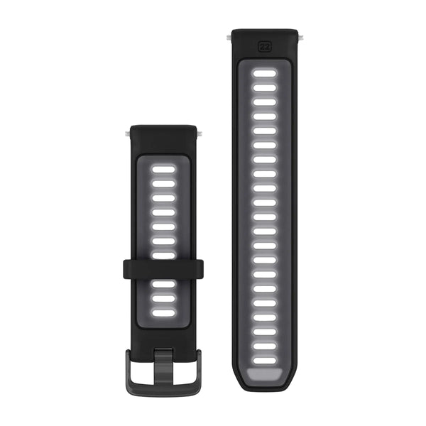To Garmin Forerunner 22 mm urremme i sort og gennemskinnelig hvidsten vises side om side. Det ene har et metalspænde, mens det andet har flere rektangulære justeringshuller til unisex QuickFit-ure.