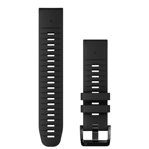 Garmin Quickfit 22 Watch Band (13280) er en unisex sort silikonerem, der vises i to dele - den ene med flere justeringshuller, den anden med en metallås og dobbelte løkker; den er kompatibel med Garmin QuickFit 22 mm ure.