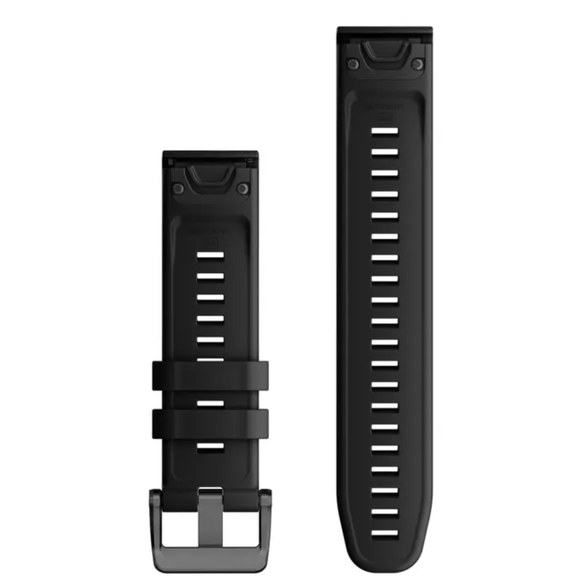 Der vises to sorte Garmin Quickfit 22-urremme (13280) i silikone: den ene med metalspænde og to løkker, den anden med jævnt fordelte huller. Begge unisex-armbånd har rektangulære ender for nem fastgørelse.