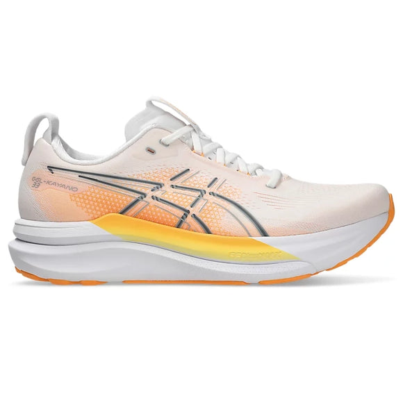 Vi præsenterer Asics Gel-Kayano 33, Herre, i hvid/stadiumorange – en løbesko med en åndbar overdel i mesh, snørelukning og en dynamisk sål med farveovergang i gule og orange nuancer. Med sølv- og sorte detaljer og det ikoniske ASICS-logo på siden er denne stabilitetssko designet til daglig træning. Gel-Kayano 33 er perfekt til løbere, der værdsætter både komfort og støtte, og leverer pålidelig ydeevne, uanset om du er en entusiast eller leder efter din nye foretrukne løbesko.