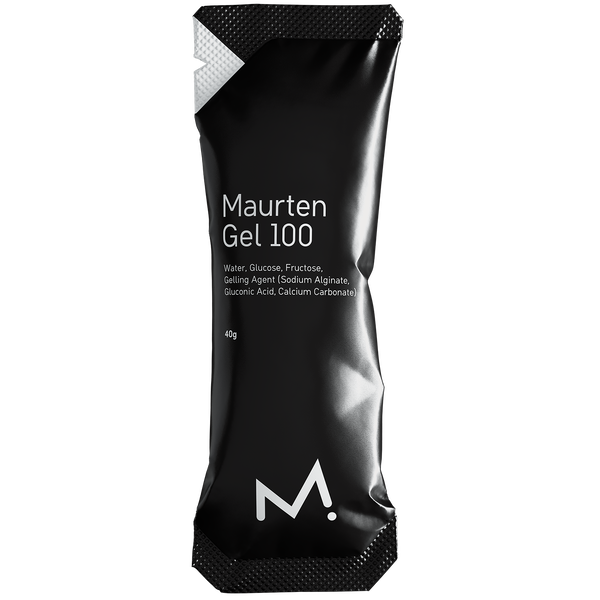 En sort pakke mærket Maurten Gel 100, Neutral, med hydrogel energy for eliteatleter, en ingrediensliste, lidt tekst og et hvidt M-logo i bunden. Emballagen har krympede kanter i top og bund.