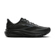En Brooks Ghost 18 Dame-løbesko i farven Black/Black/Ebony med overdel i mesh, snørelukning og en tyk, stødabsorberende sål, der sikrer optimal komfort. Siden er prydet med Brooks-logoet og diskrete striber. Skoen ses fra siden på en hvid baggrund.