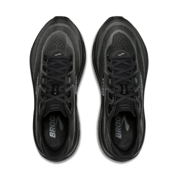 Oversigtsbillede af et par Brooks Ghost 18 Dame-løbesko i farvekombinationen Black/Black/Ebony med overdel i mesh, matte sorte snørebånd og Brooks-logoet synligt på tungen og på indersiden af hver sko. Disse løbesko fra Brooks, der er kendt for deres fremragende støddæmpning, vises side om side på en hvid baggrund.