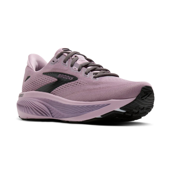 Brooks Ghost 18 Dame-løbeskoen i farven Elderberry/Black har sorte og grå snørebånd, et sort logo, en åndbar mesh-overdel, stødabsorbering for øget komfort og en struktureret sort ydersål.