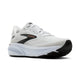 Brooks Ghost 18 løbesko dame i White/Black/Rose Gold har en sort og grå sål, sorte stribedetaljer og Brooks-logoet på siden. Denne mængdetræningssko vises i en vinkel på en hvid baggrund.