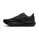 En Brooks Ghost 18 herreløbesko i farven Black/Black/Ebony ses set fra siden. Den komfortable sko har en overdel i mesh, snørelukning og en tyk, polstret sål, der giver overlegen komfort under løb. Brooks-logoet er synligt på siden. Baggrunden er hvid.