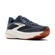 Brooks Ghost 18 Herre i farvekombinationen Navy Blazer/Red Earth/Blue har hvide og brune detaljer, en polstret hvid mellemsål og en brun, struktureret ydersål – perfekt som dine pålidelige træningssko til lange løbeture.
