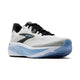 Brooks Ghost 18 løbesko herre i White/Black/Open Air vises fra en vinkel mod hvid baggrund, med mesh-overdel, sort pløs og hæl samt en tyk, polstret sål.