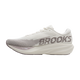 En hvid Brooks Ghost Amp-løbesko til mænd i farvekombinationen Coconut/Purple Dove/Raisin, med en tyk sål, snørebånd og et markant »BROOKS«-logo på siden. Denne moderne sportssko har et elegant look med diskrete farveovergange nær sålen og er udstyret med en responsiv DNA HYPE-mellemsål, der sikrer enestående komfort.