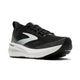 Brooks Glycerin GTS 23, dame, i sort/grå/hvid er en løbesko i premium-klassen til mængdetræning, der har hvide og grå detaljer på en elegant sort overdel. Med sin tykke hvide sål og den strukturerede sorte ydersål fremvises denne løbesko til kvinder på en ensfarvet hvid baggrund.