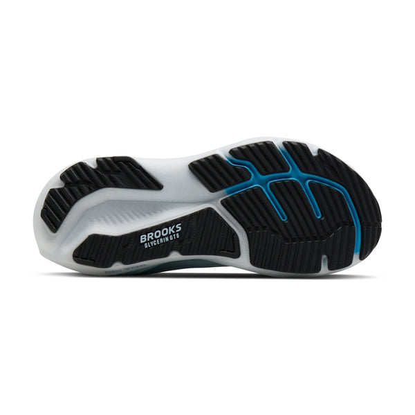 Billedet viser sålen på en Brooks Glycerin GTS 23 løbesko dame i NantucketBreeze/Rain/Clear, med sort og blå gummislidbane med "Glycerin GTS 23"-tekst i hvidt og GuideRails for ekstra støtte.