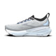 Et sidebillede af Brooks Glycerin GTS 23 til mænd i White/Rain/Baltic Sea viser den tykke DNA LOFT v3-støddæmpende sål, DNA TUNED-mærket og den sorte tunge og hælkappe, der gør den nem at tage på.