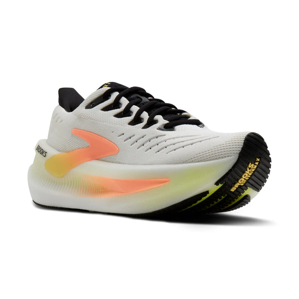 Brooks Glycerin Max 2 Dame i White/Cyber Yellow/Nightlife har sorte snørebånd, en tyk sål med gradient for maksimal komfort, orange og gule detaljer på siden og sort/gul profil på ydersålen, her set forfra.