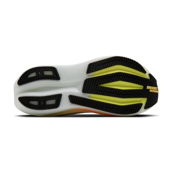 Brooks Glycerin Max 2 Dame i White/Cyber Yellow/Nightlife har en hvid sål med sorte gummiprofiler og gule detaljer for komfort. Brooks-logoet ses nær hælområdet.