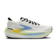 Brooks Glycerin Max 2 Herre i Bright White/Black/Nightlife har sorte snørebånd, en sort hæl og en tyk gradientsål med lysegule og blå detaljer for maksimal komfort. "BROOKS" er trykt nær hælen.