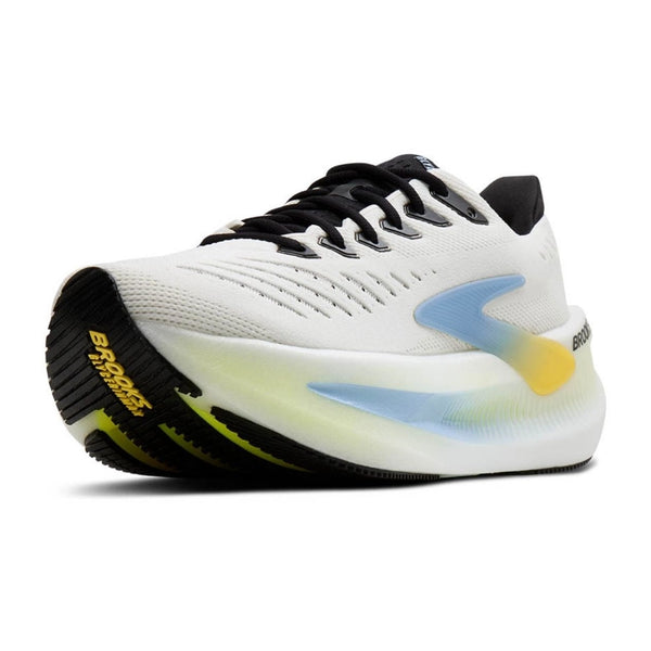Brooks Glycerin Max 2 Herre i Bright White/Black/Nightlife har sorte snørebånd, en tyk polstret sål for maksimal komfort, blå og gule detaljer og synlig Glycerin Max 2 branding på både side og front.