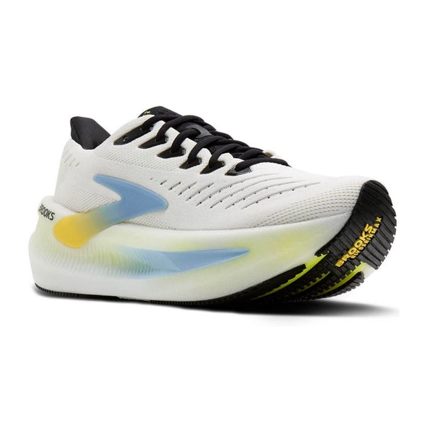 Brooks Glycerin Max 2 til mænd i Bright White/Black/Nightlife har sorte snørebånd, blå og gule gradient-accenter, en tyk sål med sort og gul profil og giver maksimal komfort.