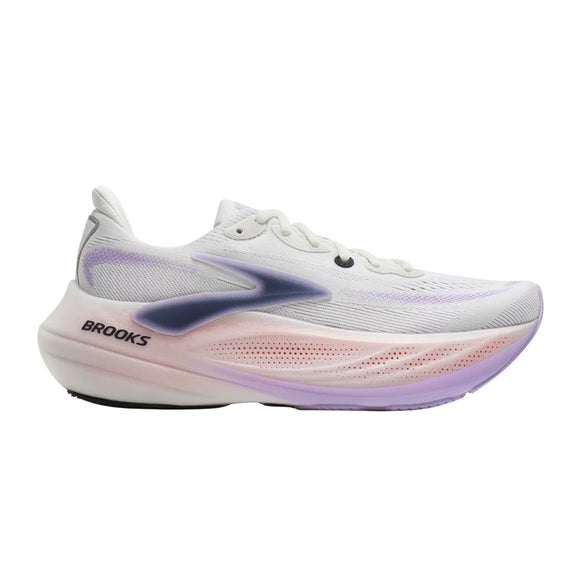 White Brooks Glycerin Max 3 – en neutral løbesko med en tyk mellemsål i en farveovergang fra lyserød til lilla og et lilla logo på siden.