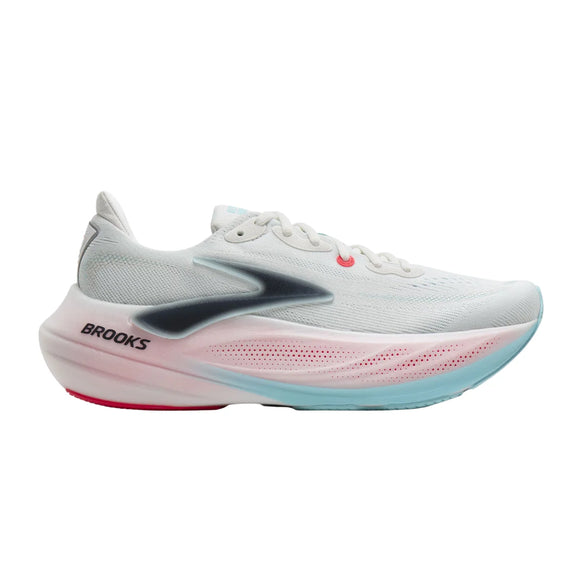 Brooks Glycerin Max 3 løbesko i farvekombinationen Blanc/TechnoBlue/Charcoal, med en tyk mellemsål i farveovergang og et mørkeblåt logo på siden.